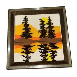 Vintage Sunset Designs Needlepoint Mountain Lake Sunset Framed Art 6x6 MCM 1970s